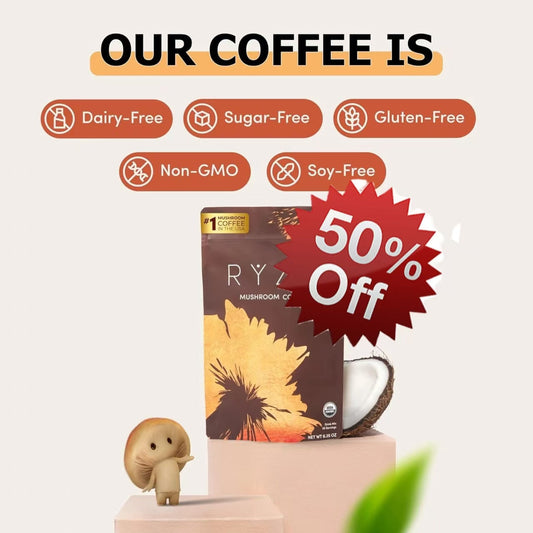 RYZE SUPERFOODS Mushroom Medium Roast Coffee Starter Kit, USDA Organic Instant Coffee with 6 Adaptogenic Mushrooms and for Energy, Focus, Digestion, Immunity with Lions Mane & Turkey Tail 30 Serving by KARONDA RENE LEWIS