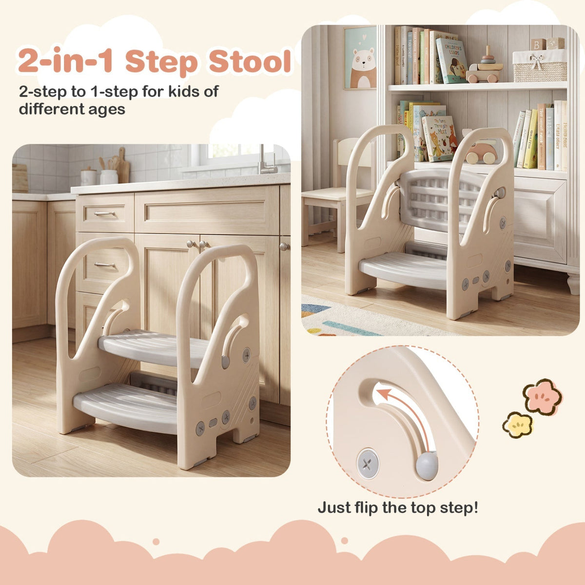 Adjustable 2-Step Kids Helper Stool with Safety Handles and Non-slip Pads for BedroomTorqelo.com
