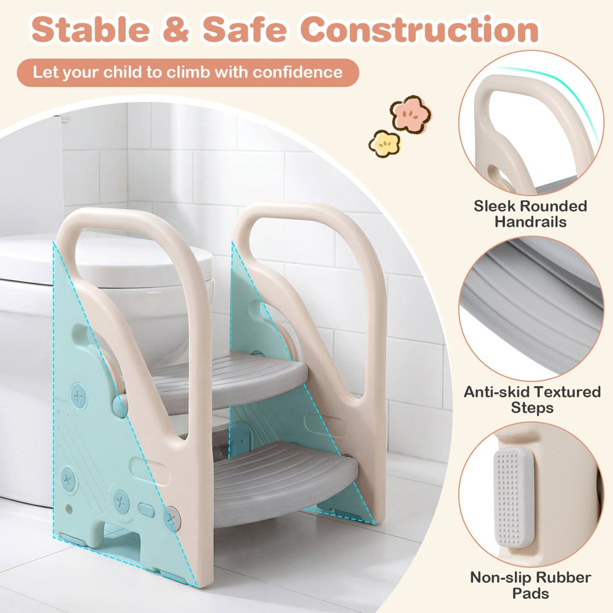 Adjustable 2-Step Kids Helper Stool with Safety Handles and Non-slip Pads for BedroomTorqelo.com