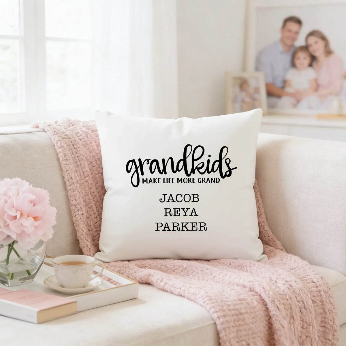 Personalized Pillow Cover - Grandkids Make Life Grand - Christmas Gift for Grandma - Throw Pillow Personalized with Grandchildrens Names by Joyful Moose