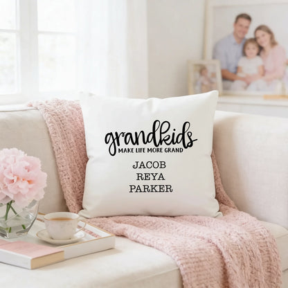 Personalized Pillow Cover - Grandkids Make Life Grand - Christmas Gift for Grandma - Throw Pillow Personalized with Grandchildrens Names by Joyful Moose