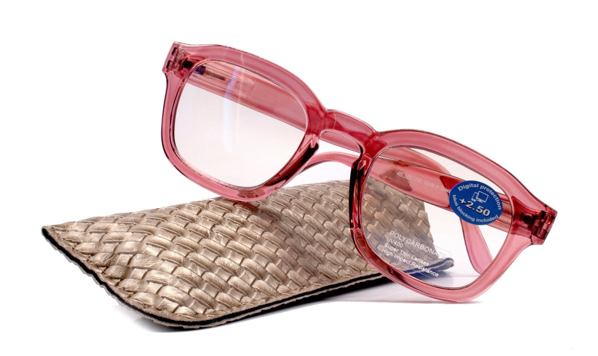 Apollo, (Blue Light Glasses) (Blue Light Blocker) Reduce Eyestrain, A/R Anti Glare. +1.25 +3.00, Large Square (Pink) NY Fifth Avenue.Torqelo.com