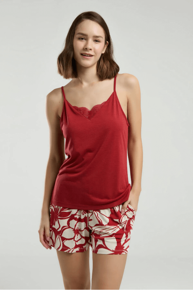Arnetta Women's Red Pajama Short Set for Lounging by Beauty Care Bag