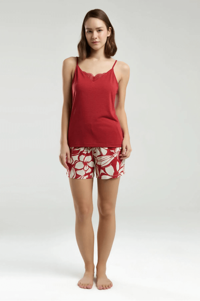 Arnetta Women's Red Pajama Short Set for Lounging by Beauty Care Bag