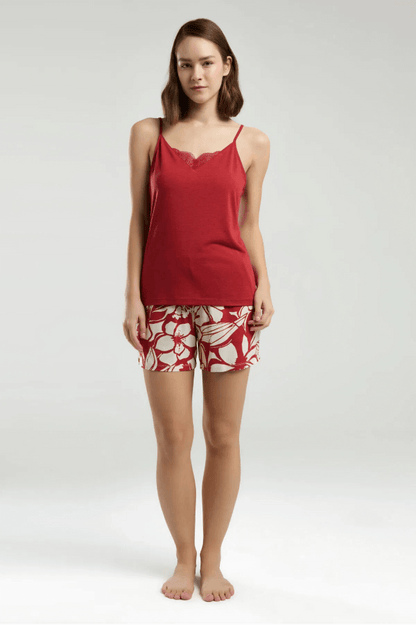Arnetta Women's Red Pajama Short Set for Lounging by Beauty Care Bag