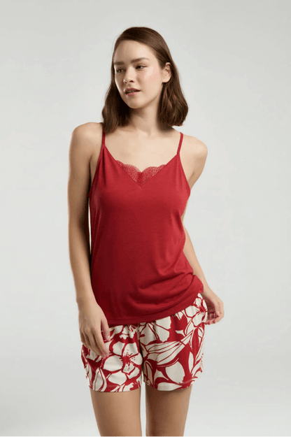 Arnetta Women's Red Pajama Short Set for Lounging by Beauty Care Bag