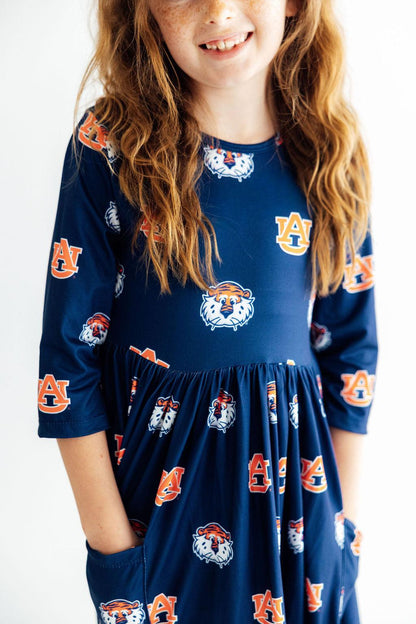 Auburn Blue Aubie 3/4 Sleeve Pocket Twirl DressTwirl Dress - 3/4 - PocketTorqelo.com
