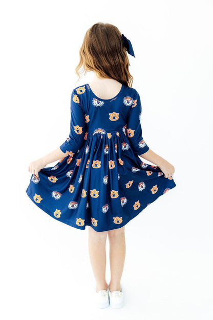 Auburn Blue Aubie 3/4 Sleeve Pocket Twirl DressTwirl Dress - 3/4 - PocketTorqelo.com