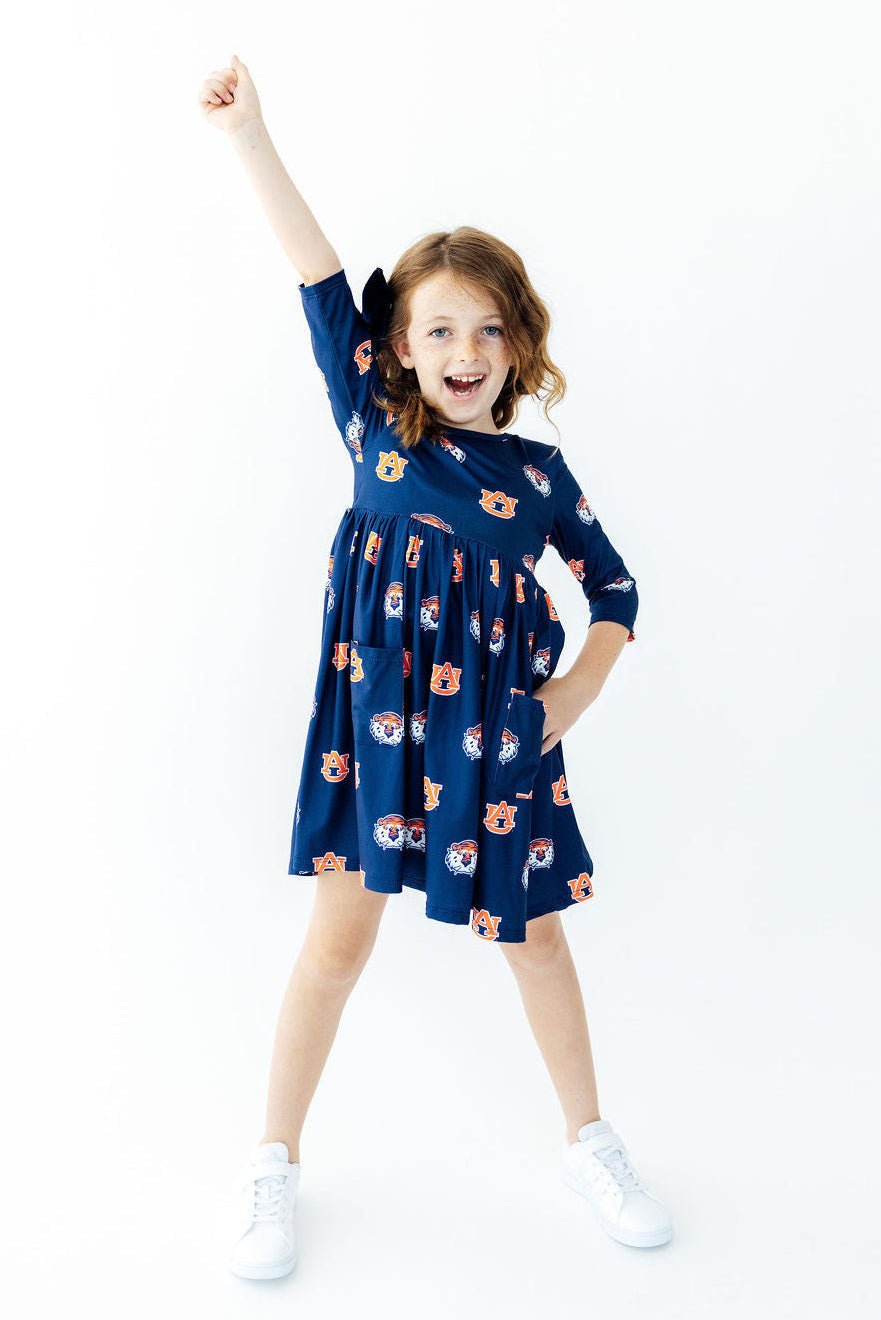 Auburn Blue Aubie 3/4 Sleeve Pocket Twirl DressTwirl Dress - 3/4 - PocketTorqelo.com