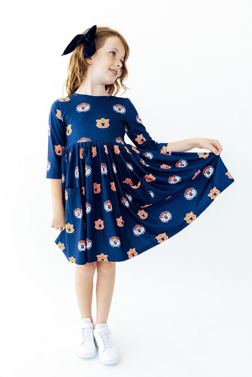 Auburn Blue Aubie 3/4 Sleeve Pocket Twirl DressTwirl Dress - 3/4 - PocketTorqelo.com