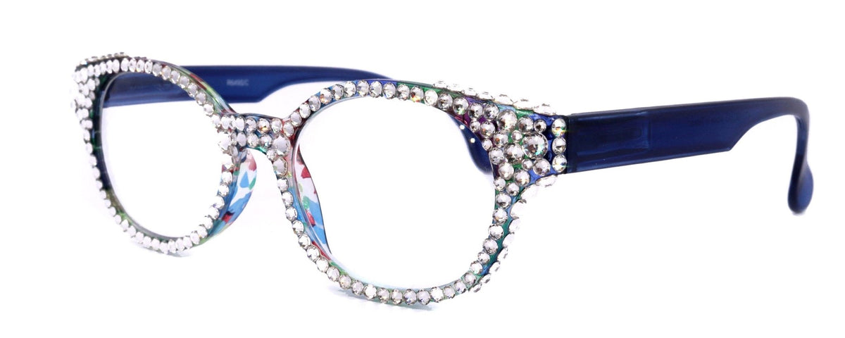 Autumn, (Bling) Reading Glasses For Women W (Full Crystals) Genuine European Crystals Round Frame (Blue, Purple Floral) NY Fifth AvenueTorqelo.com