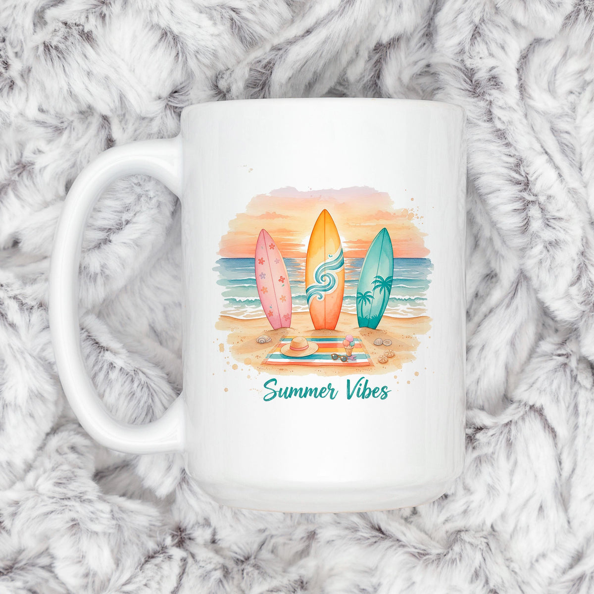 Summer Vibes Mug – Coastal Coffee Cup With Surfboard Art And Ocean Sunset Design by Joyful Moose