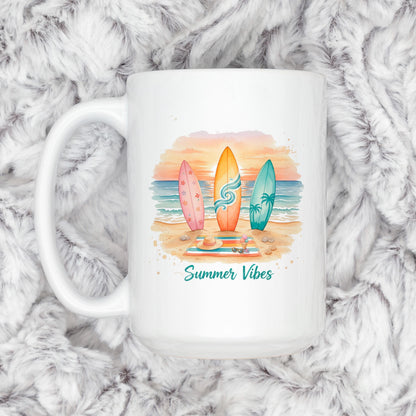 Summer Vibes Mug – Coastal Coffee Cup With Surfboard Art And Ocean Sunset Design by Joyful Moose