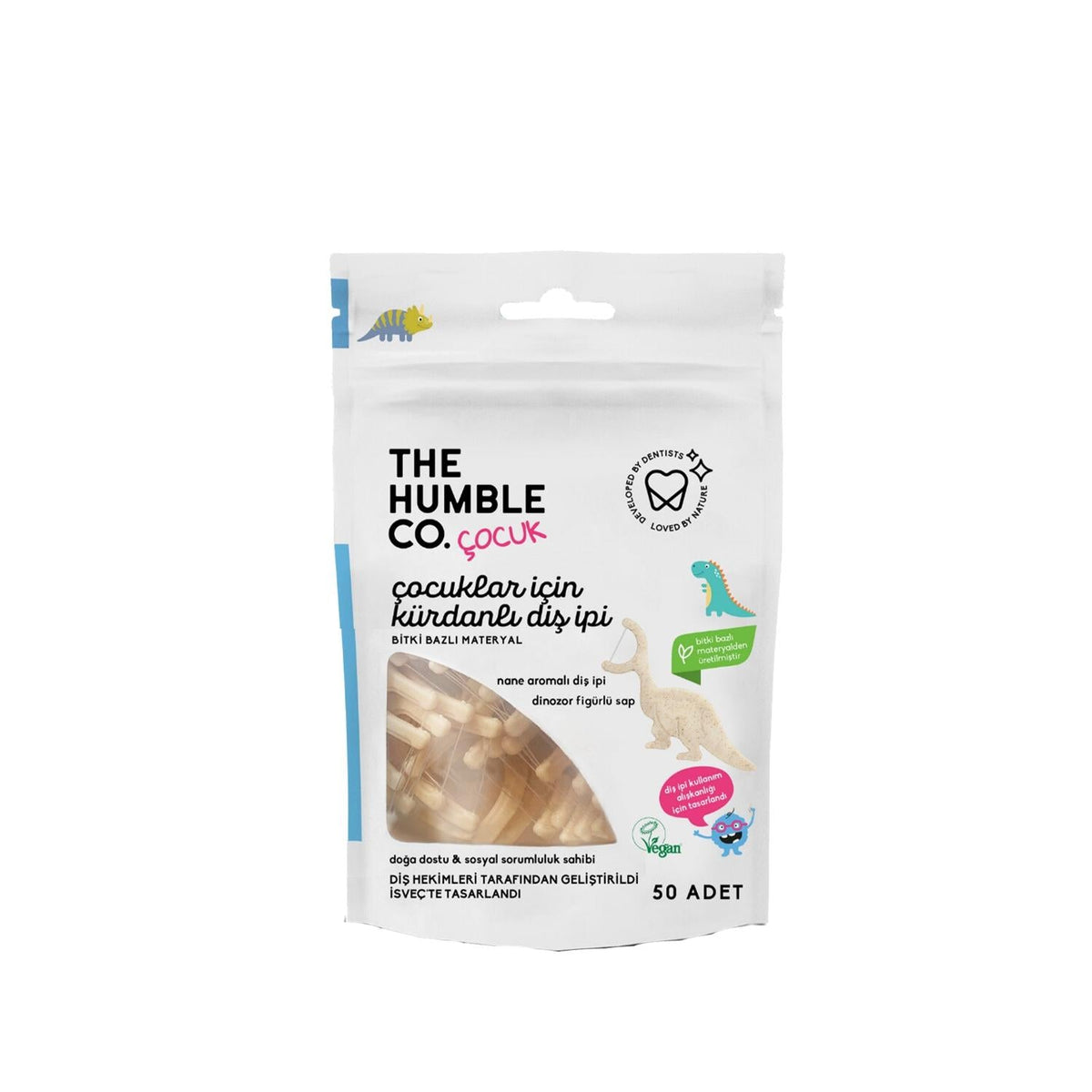 The Humble Co Kids Dental Floss Picks - Dinosaur Shape, 50 Count - Fun Oral Hygiene for Children by Beauty Care Bag