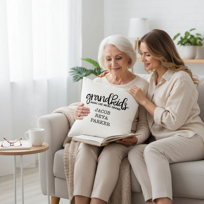 Personalized Pillow Cover - Grandkids Make Life Grand - Christmas Gift for Grandma - Throw Pillow Personalized with Grandchildrens Names by Joyful Moose