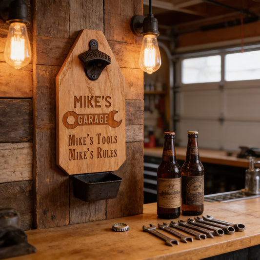 Custom Garage Sign – Personalized Wood Sign with Rustic Bottle Opener & Workshop Wall Art by Joyful Moose
