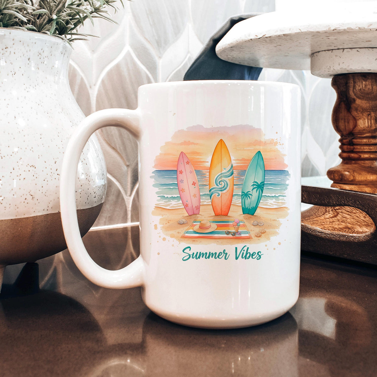 Summer Vibes Mug – Coastal Coffee Cup With Surfboard Art And Ocean Sunset Design by Joyful Moose
