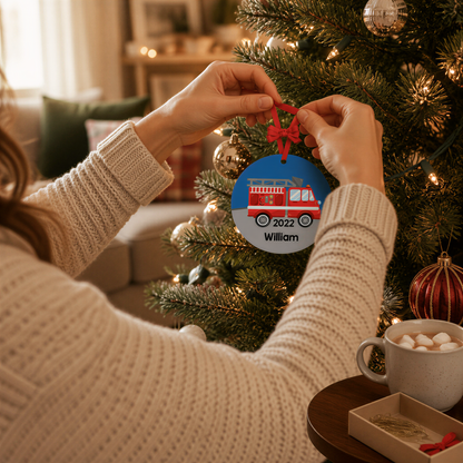 Boy Ornament - Personalized Fire Truck Christmas Ornament - Personalized Kids Gift, Fire Truck Gift for Boys by Joyful Moose