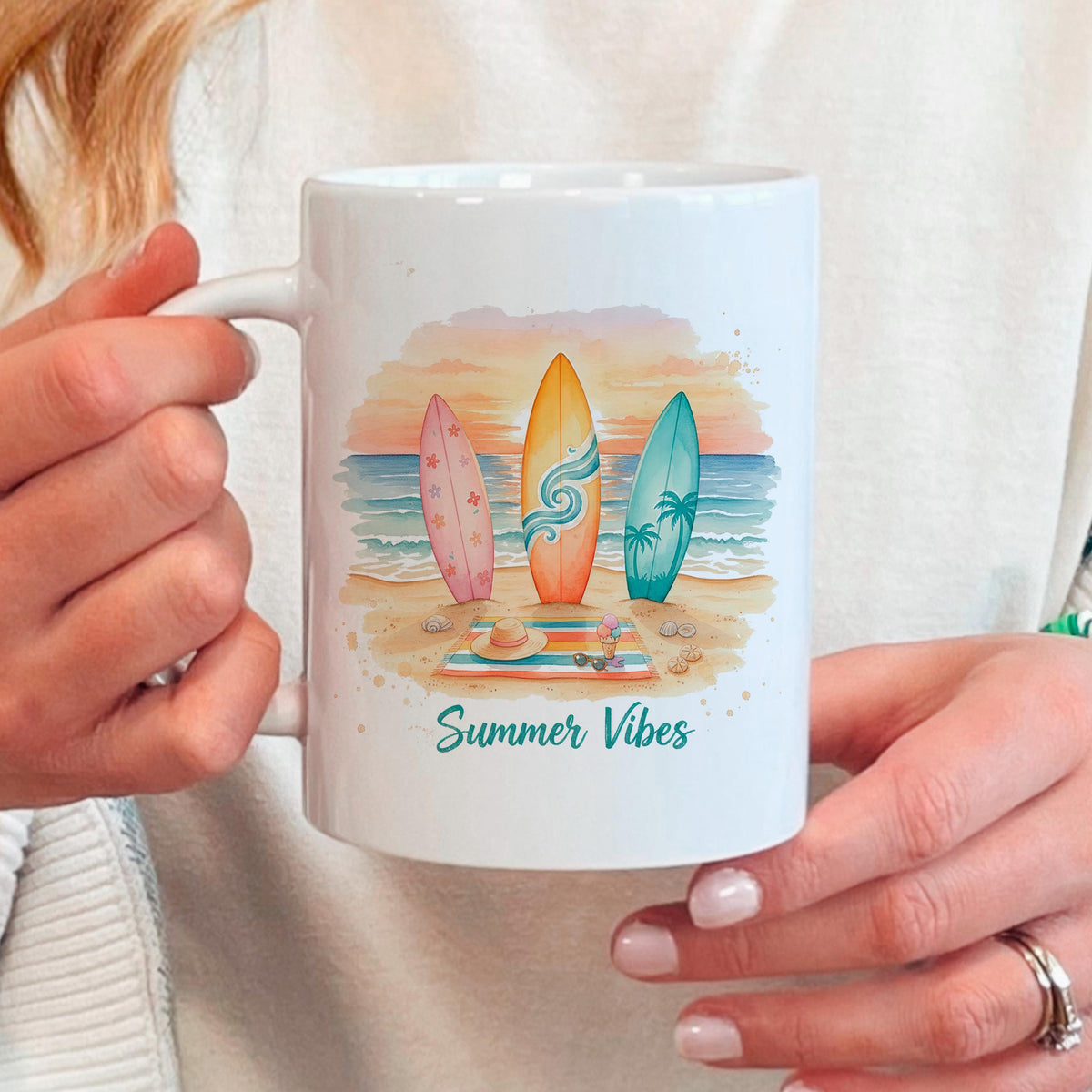 Summer Vibes Mug – Coastal Coffee Cup With Surfboard Art And Ocean Sunset Design by Joyful Moose