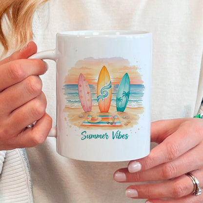 Summer Vibes Mug – Coastal Coffee Cup With Surfboard Art And Ocean Sunset Design by Joyful Moose