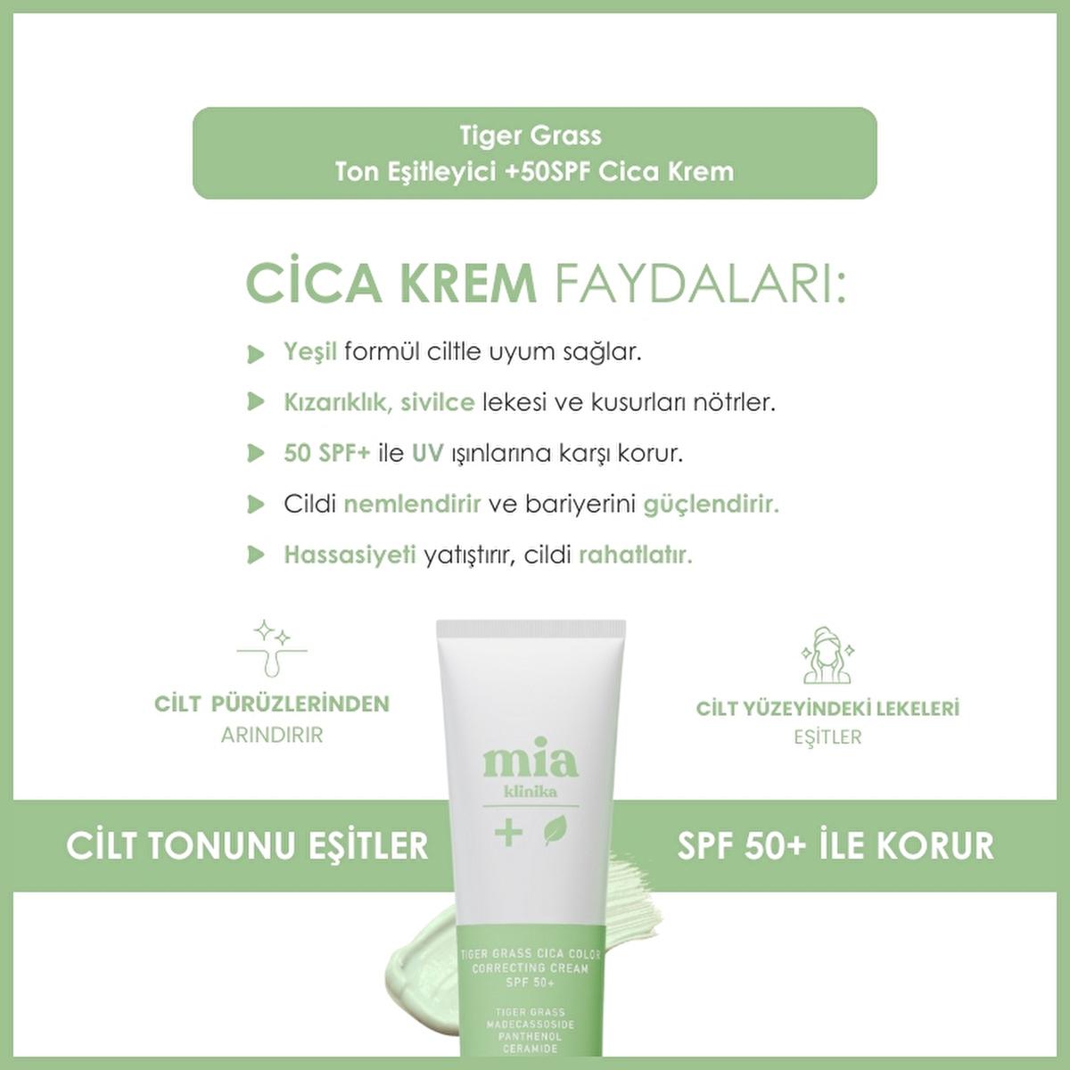 Mia Klinika Cica Cream SPF 50+ - Tiger Grass Tone Evening Cream for Sensitive Skin, Natural Coverage & Daily Sun Protection by Beauty Care Bag