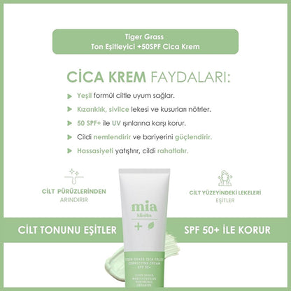 Mia Klinika Cica Cream SPF 50+ - Tiger Grass Tone Evening Cream for Sensitive Skin, Natural Coverage & Daily Sun Protection by Beauty Care Bag