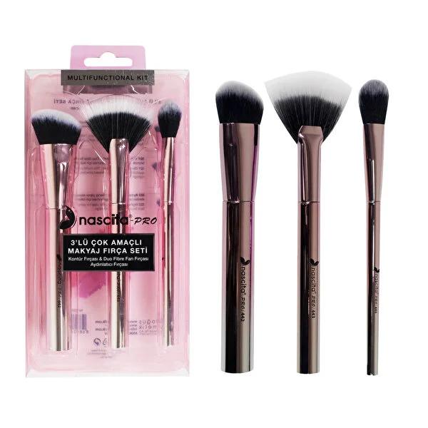 Nascita 3-Piece Makeup Brush Set - Metallic Multi-Purpose Contour, Duo Fibre & Highlighter Brushes for Beauty Enthusiasts by Beauty Care Bag