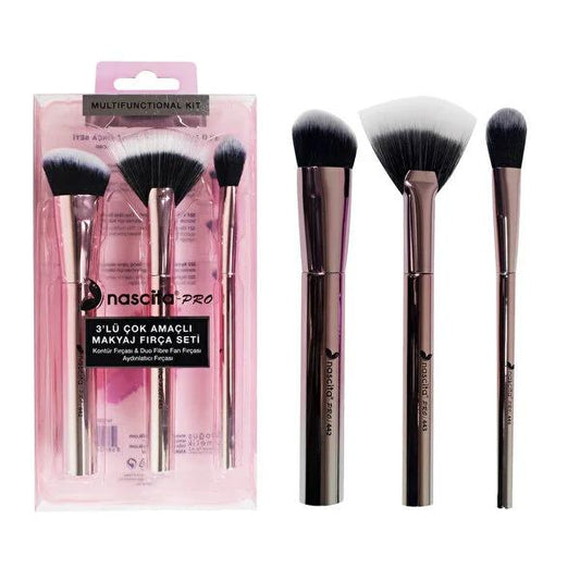 Nascita 3-Piece Makeup Brush Set - Metallic Multi-Purpose Contour, Duo Fibre & Highlighter Brushes for Beauty Enthusiasts by Beauty Care Bag