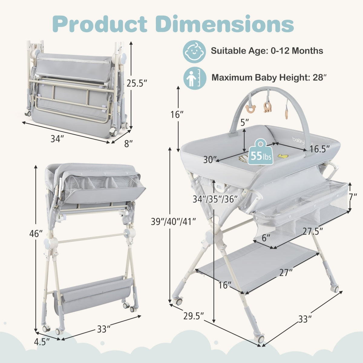 Baby Changing Table Foldable Diaper Changing Station with Storage Bag and ShelfTorqelo.com