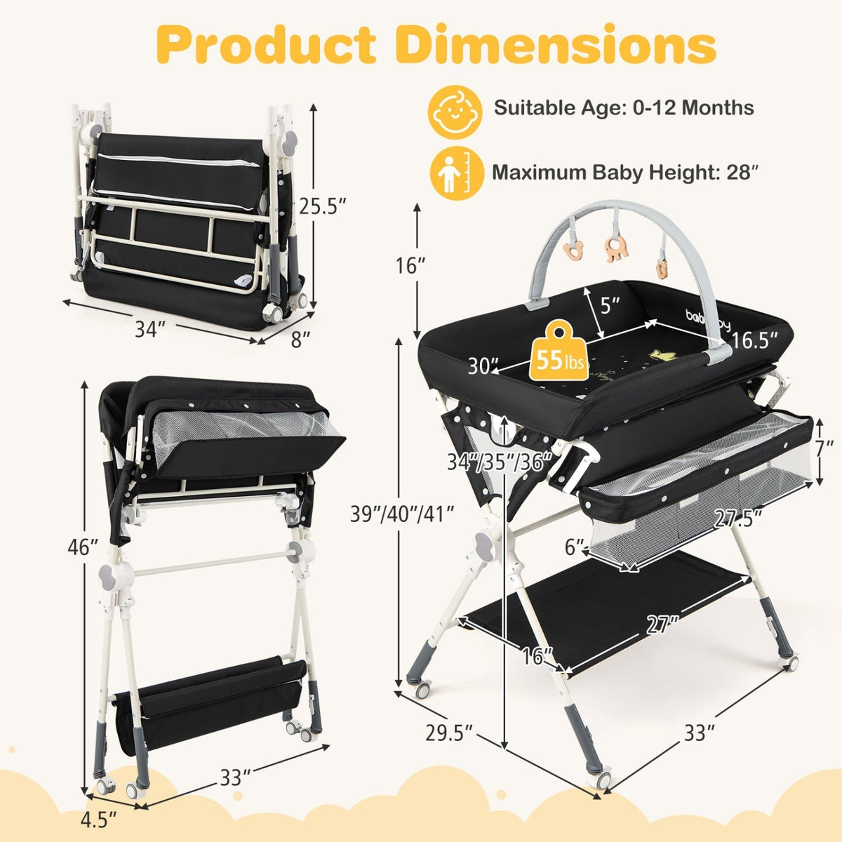 Baby Changing Table Foldable Diaper Changing Station with Storage Bag and ShelfTorqelo.com