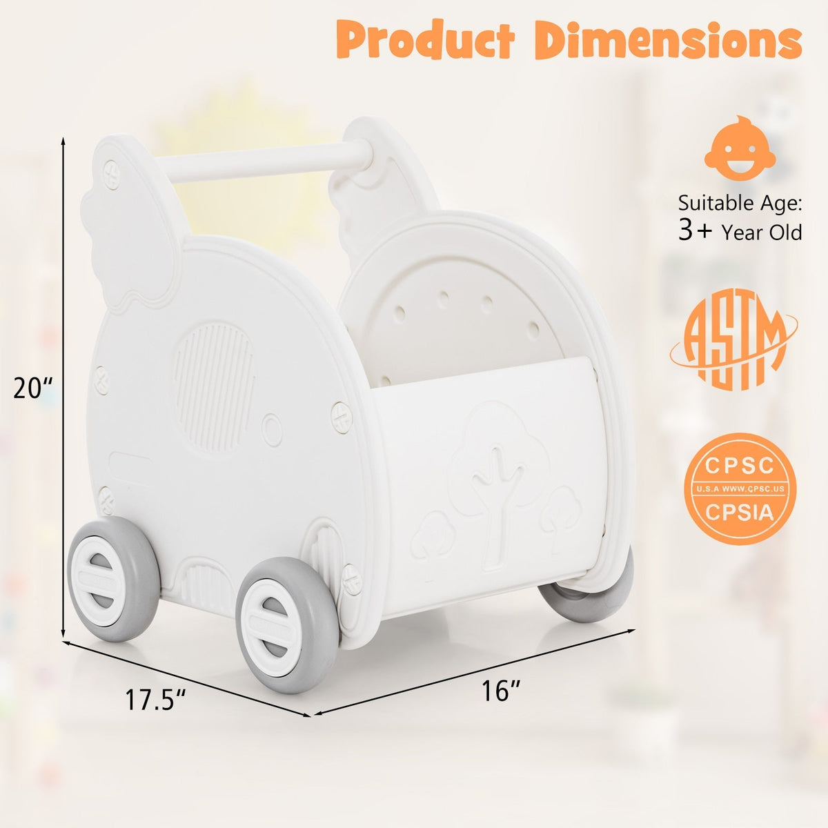 Baby Walker Push Toy with Handle for Boys Girls of 3+ Years Old-WhiteTorqelo.com