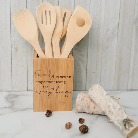 Bamboo Kitchen Utensil Holder, Kitchen Decor with Family Quote, Housewarming Gifts, Christmas Gift for Mom, Birthday Gifts for Mother by Joyful Moose