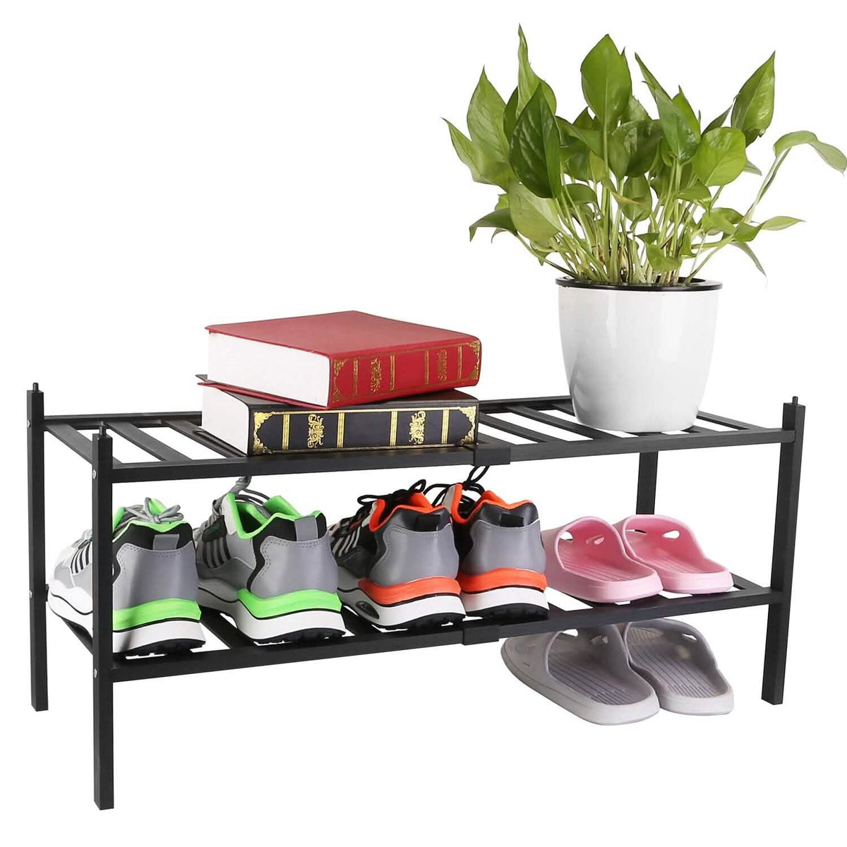 Bamboo Shoe Rack 2-Tier Stackable Shoe Shelf by EasyOptionXY