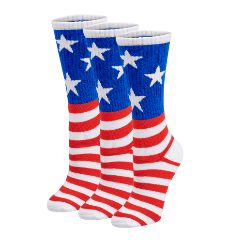 Gift box of 3 pairs of red, white and blue flag bamboo rayon crew socks