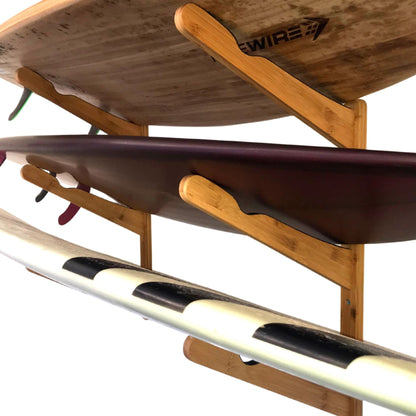 Triple Surfboard Wall Rack | Bamboo Rack Perfect for Surf, Wakeboards, Snowboards, Skateboards by COR Surf