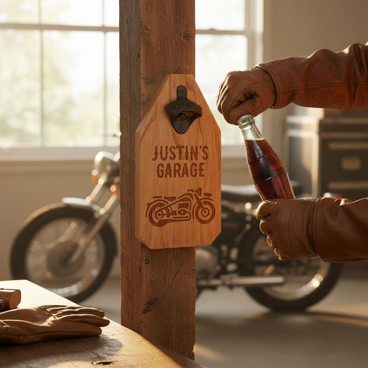 Personalized Motorcycle Wood Sign - Motorcycle Gift for him - Rustic Beer Bottle Opener by Joyful Moose