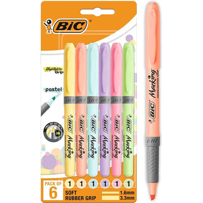 BIC Highlighter Grip Pastel, Highlighter Pens with Adjustable Chisel Tip, Rubber Grip for Extra Comfort, Assorted Colours, Pack of 6Highlighter PliersTorqelo.com