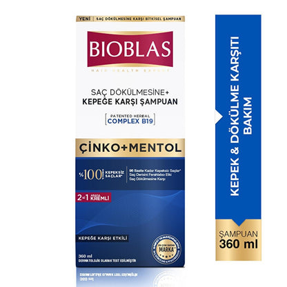 Bioblas Anti-Dandruff Shampoo with Zinc and Menthol for Hair Loss Treatment - 12.18 fl ozShampooTorqelo.com