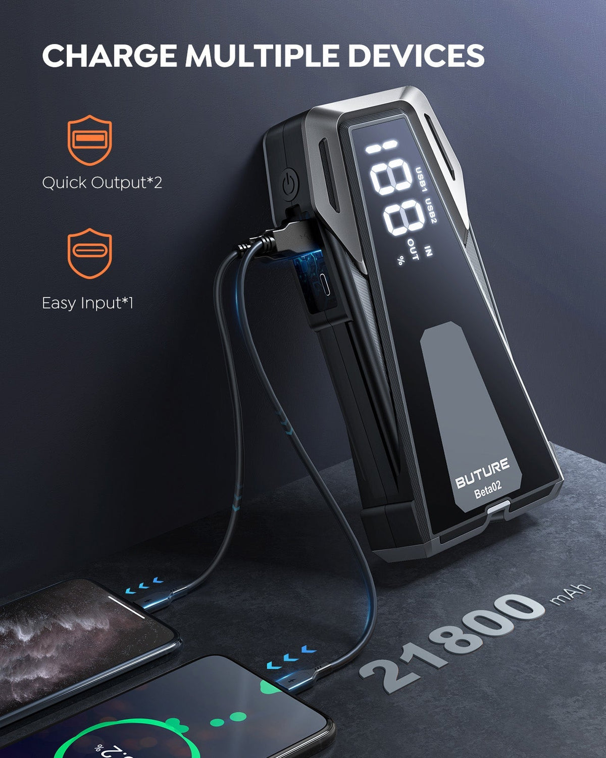 Buture Beta02 Car Jump Starter 2500A Peak丨21800mAh Power Bank, Lightweight DesignJump StarterTorqelo.com