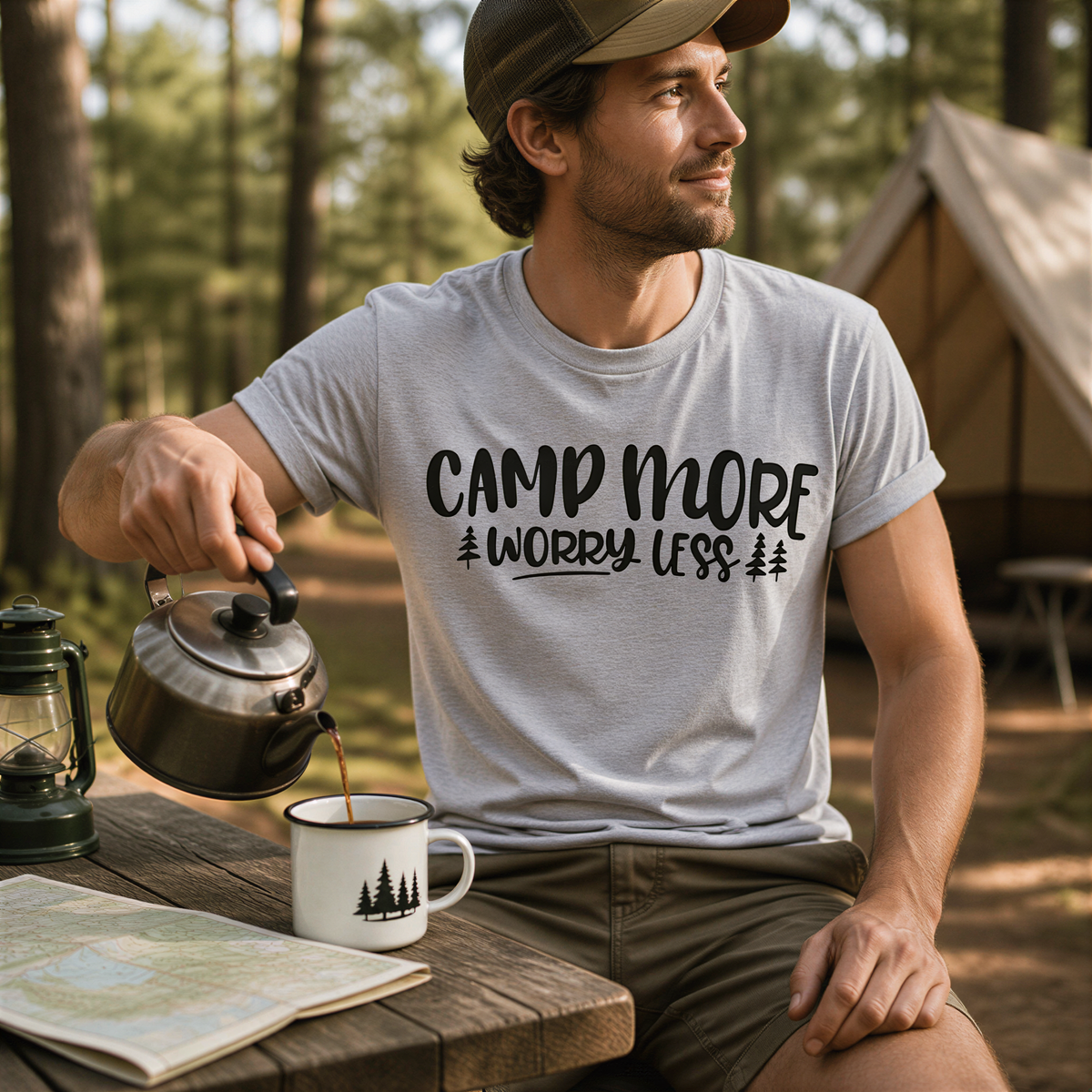 Camp More Worry Less T-shirt, Camping tshirt women, Camping shirt, womens tshirt, Summer mens tshirt, unique camping gifts by Joyful Moose