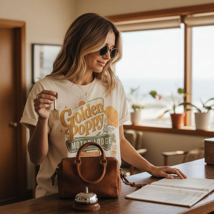 California Poppy Shirt - Retro Travel Tee | Soft Cotton Botanical PrintTorqelo.com