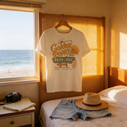 California Poppy Shirt - Retro Travel Tee | Soft Cotton Botanical PrintTorqelo.com