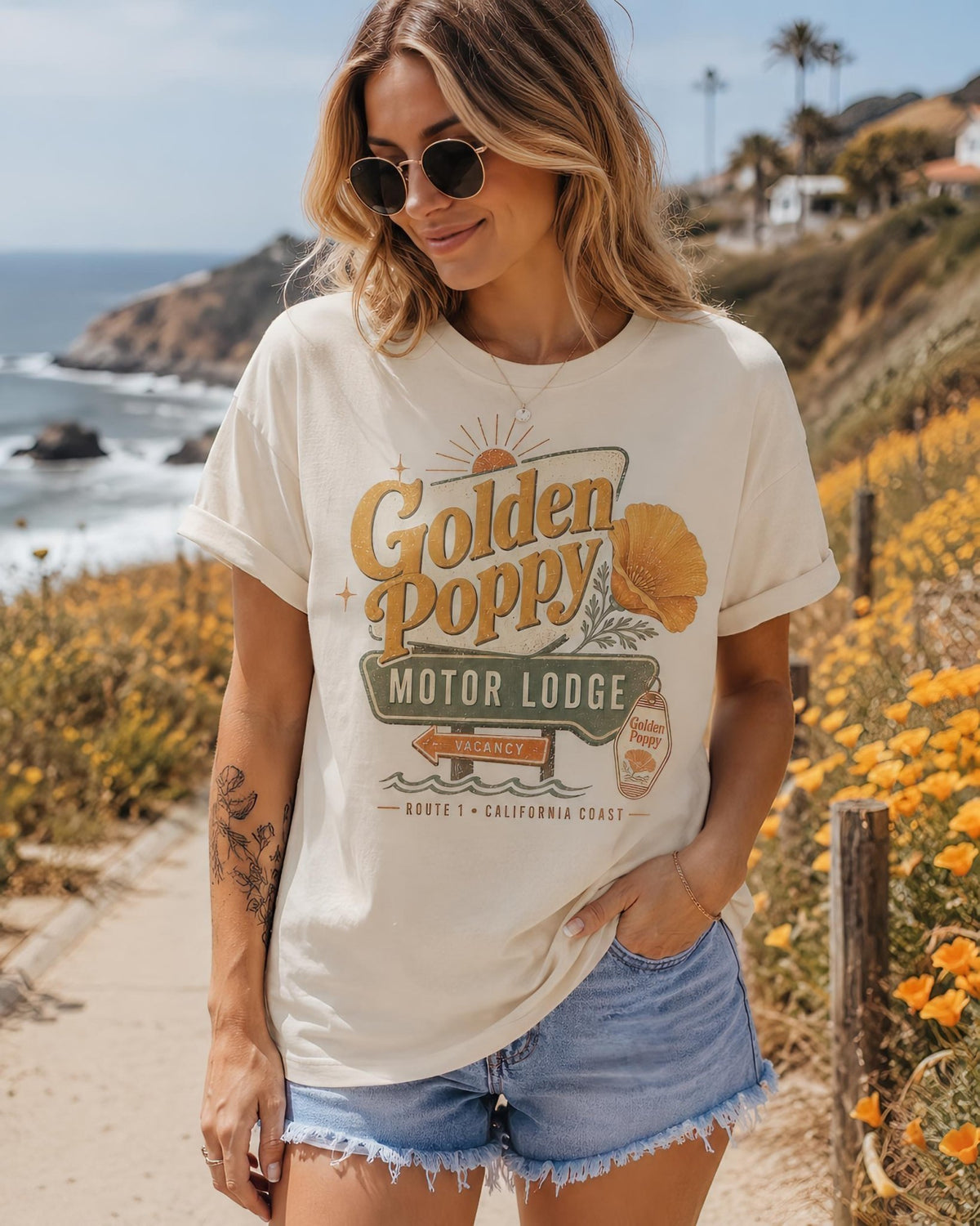 California Poppy Shirt - Retro Travel Tee | Soft Cotton Botanical PrintTorqelo.com