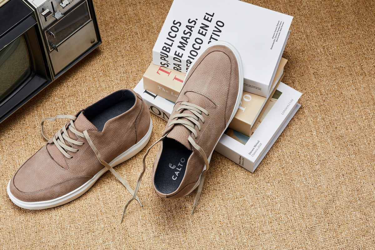 CALTO - J1770 - 3.2 Inches Taller (Khaki) - Casual Chunky Sole Boots – Soft Pebble Grain Nubuck LeatherCasualTorqelo.com