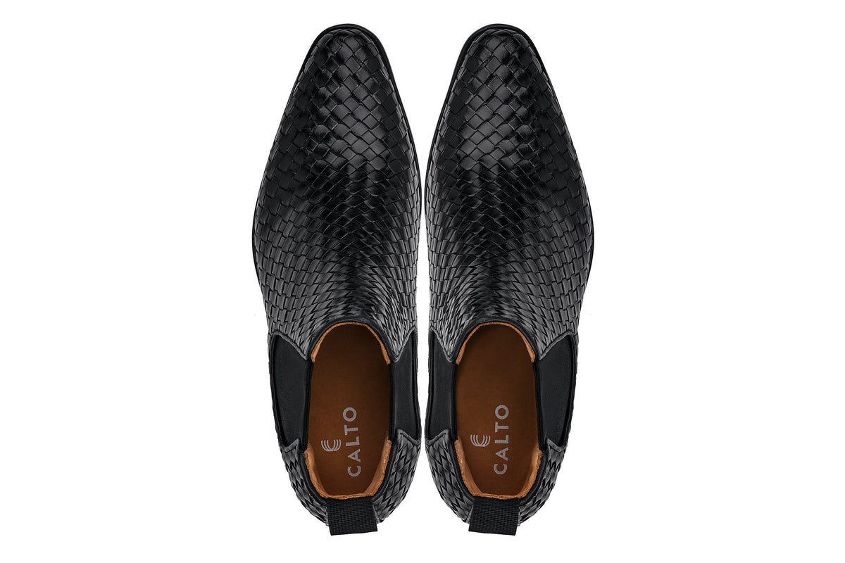 CALTO - K30521 - 3.3 Inches Taller (Black) - Woven Slip-On High-Top Chelsea Ankle BootsBootsTorqelo.com