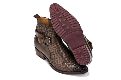 CALTO - K30525 - 3.3 Inches Taller (Coffee Brown) - Woven High-Top Buckle Zipper Ankle BootsBootsTorqelo.com