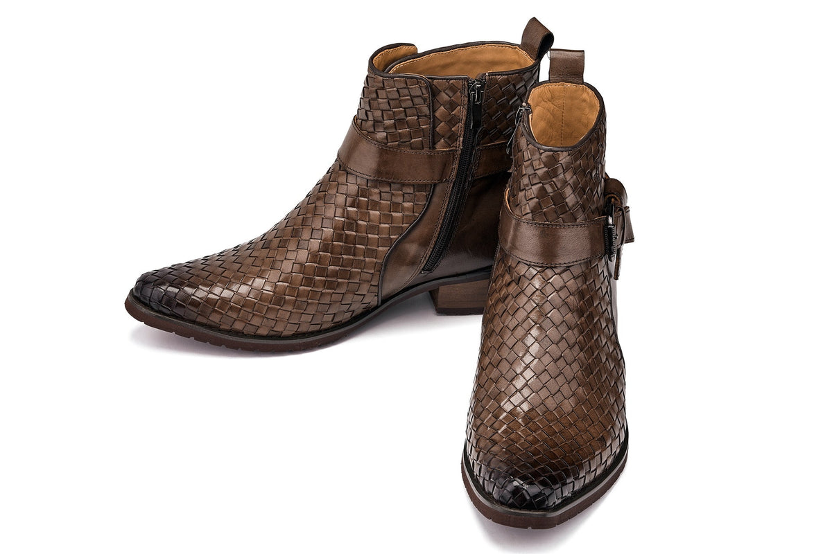 CALTO - K30525 - 3.3 Inches Taller (Coffee Brown) - Woven High-Top Buckle Zipper Ankle BootsBootsTorqelo.com