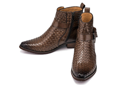 CALTO - K30525 - 3.3 Inches Taller (Coffee Brown) - Woven High-Top Buckle Zipper Ankle BootsBootsTorqelo.com