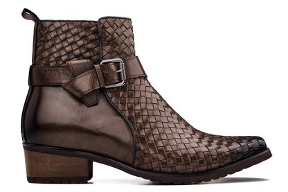 CALTO - K30525 - 3.3 Inches Taller (Coffee Brown) - Woven High-Top Buckle Zipper Ankle BootsBootsTorqelo.com