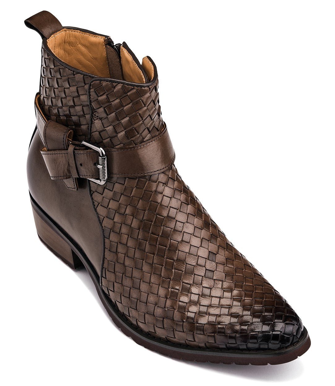 CALTO - K30525 - 3.3 Inches Taller (Coffee Brown) - Woven High-Top Buckle Zipper Ankle BootsBootsTorqelo.com